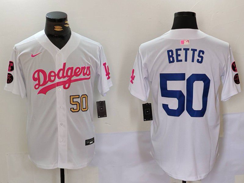Men Los Angeles Dodgers 50 Betts White pink joint name 2024 Nike MLB Jersey style 4